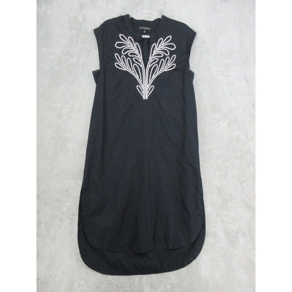 Banana Republic Dress Womens Size M Midi Linen Embroidered Boho Coastal Black